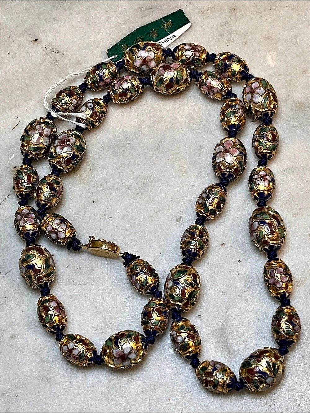 Vintage Hand Knotted Cloisonné Blue Beaded Estate Necklace, 24” Long